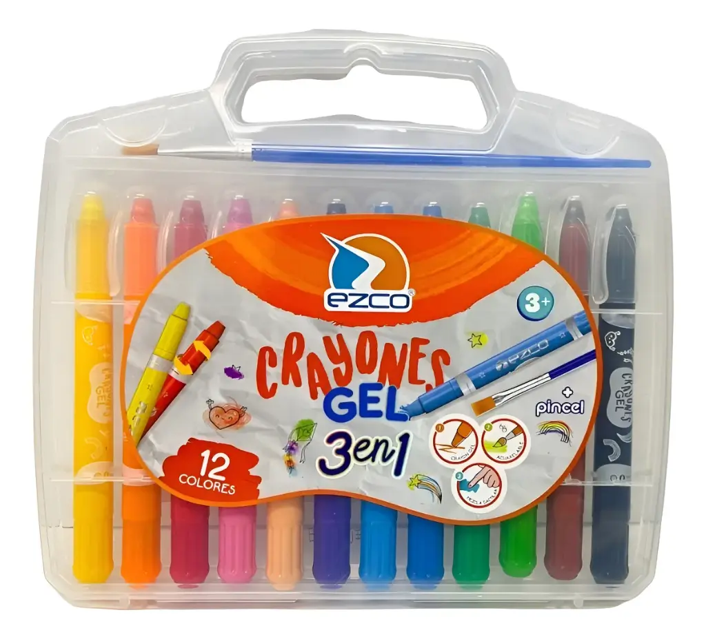 Crayones Gel Ezco 3 en 1 Valija 12 Colores + Pincel